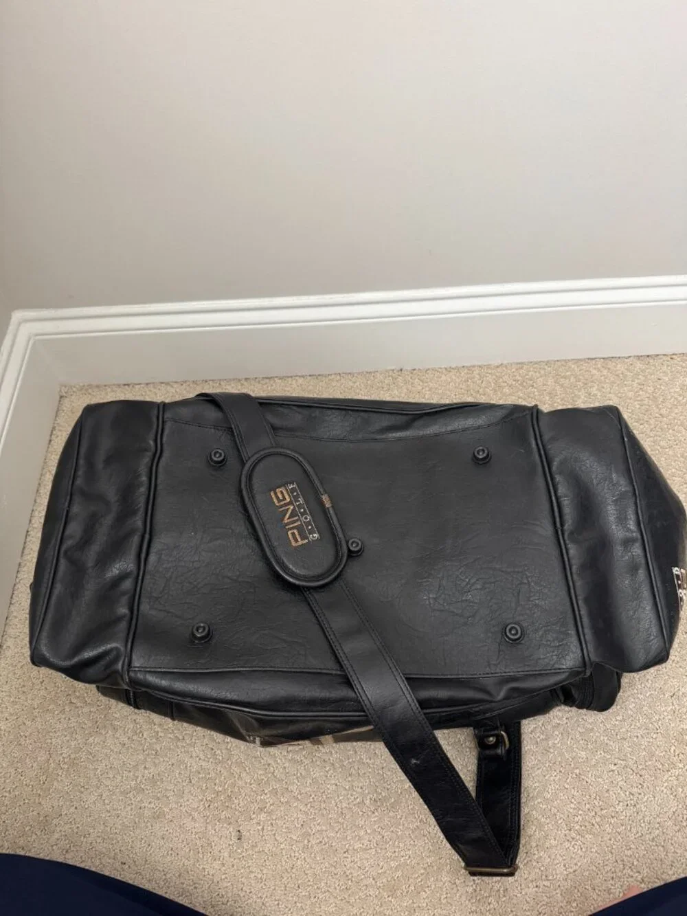 Ping Golf Vintage Leather Duffle Bag Black Leather Embroidered Adjustable Detach